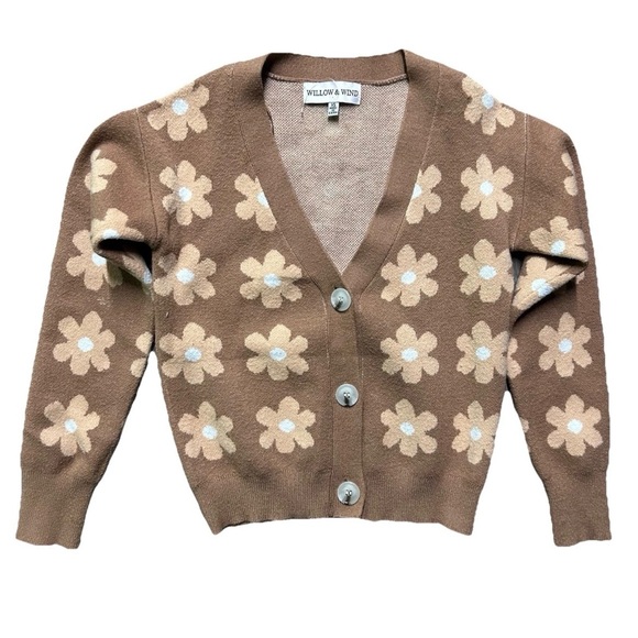 Sweaters - Women’s Willow And Wind Brown Cardigan With Daisies Size XS